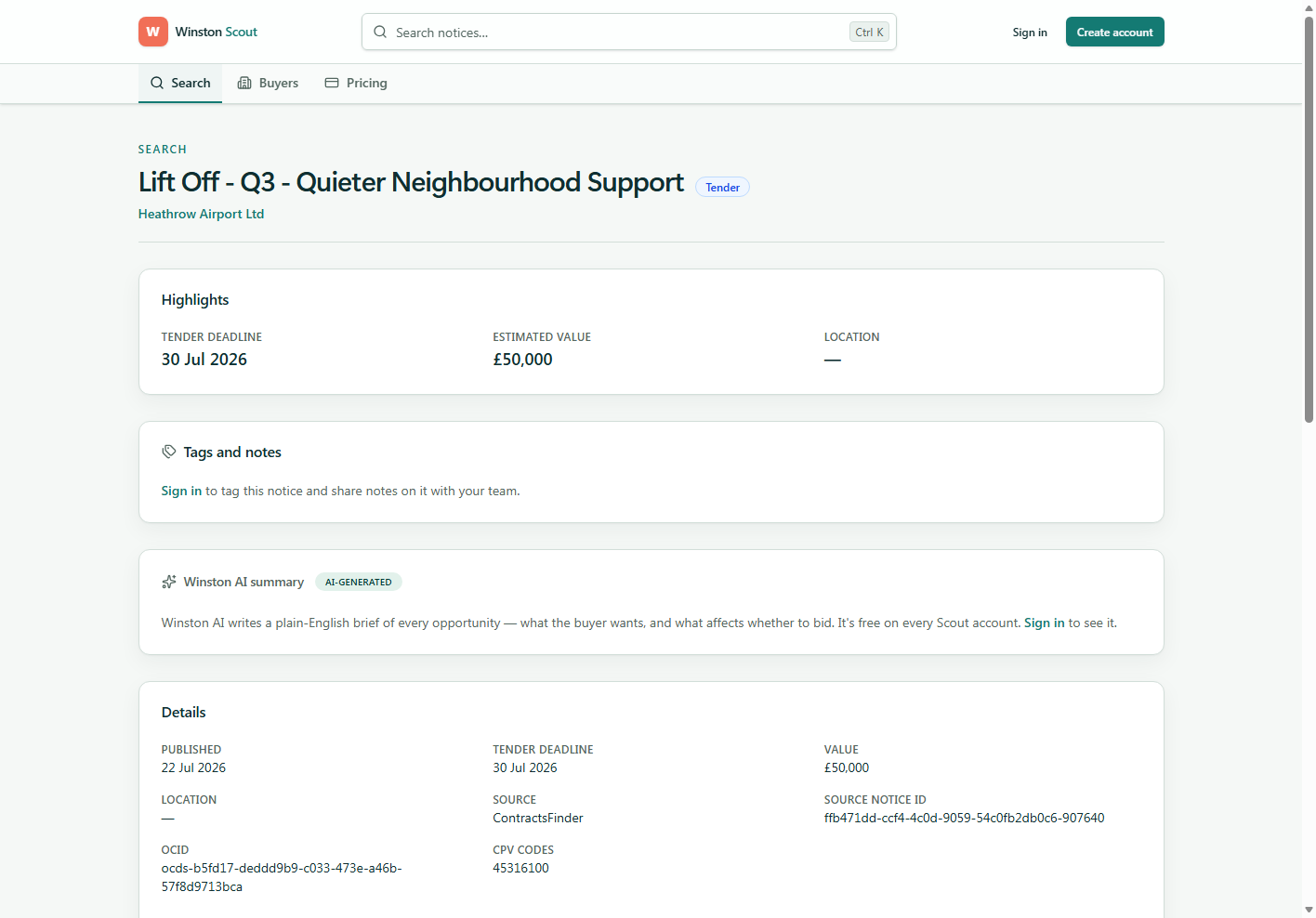 Scout notice showing deadline, value, official-record link and labelled generated summary.