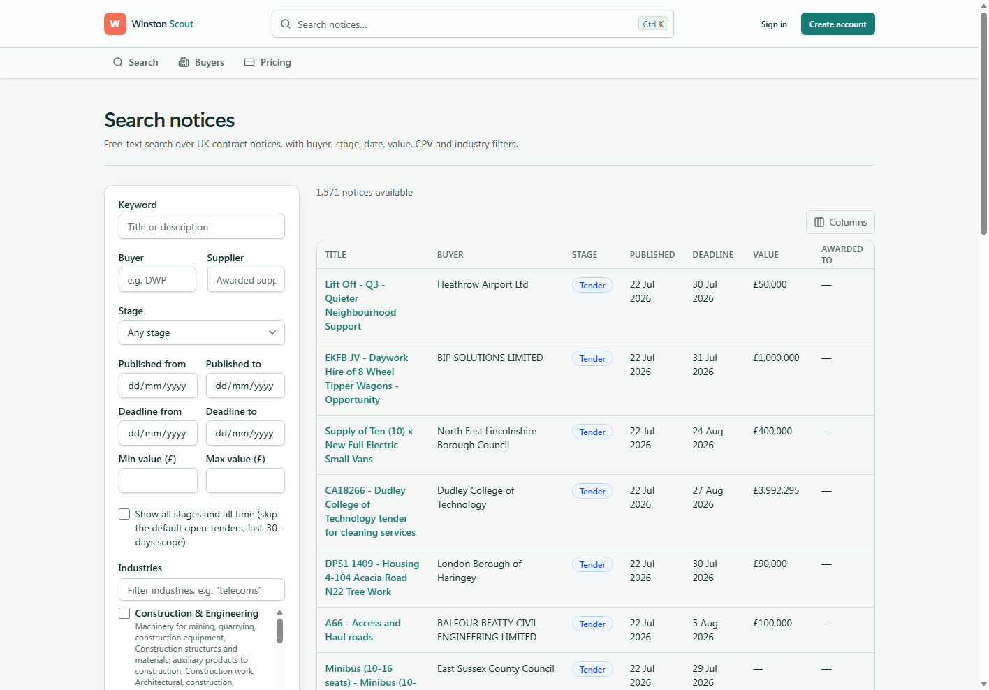Scout search with keyword, buyer, stage, date, value and industry filters.