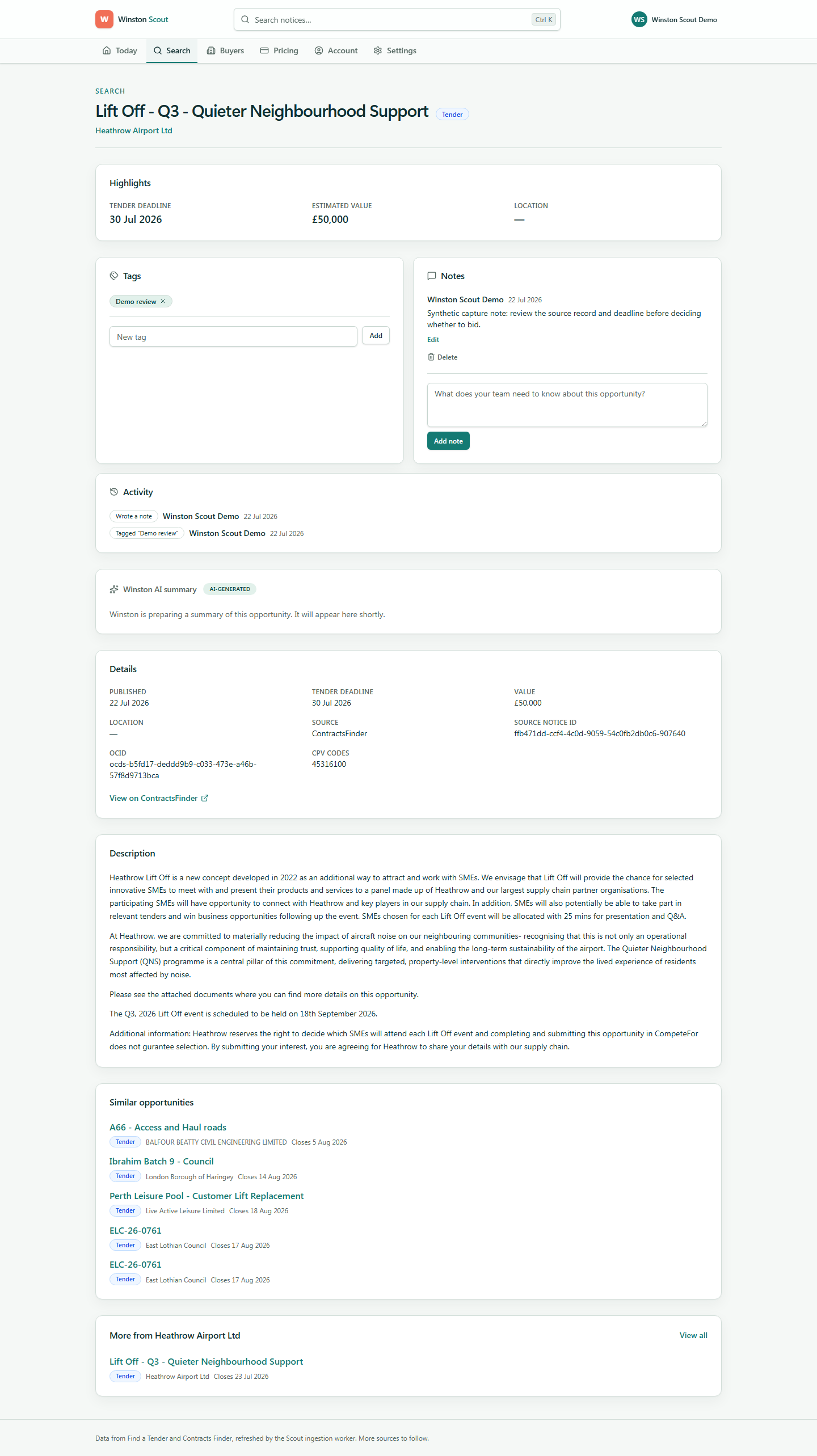Scout opportunity workspace with shared tags, notes and activity history.